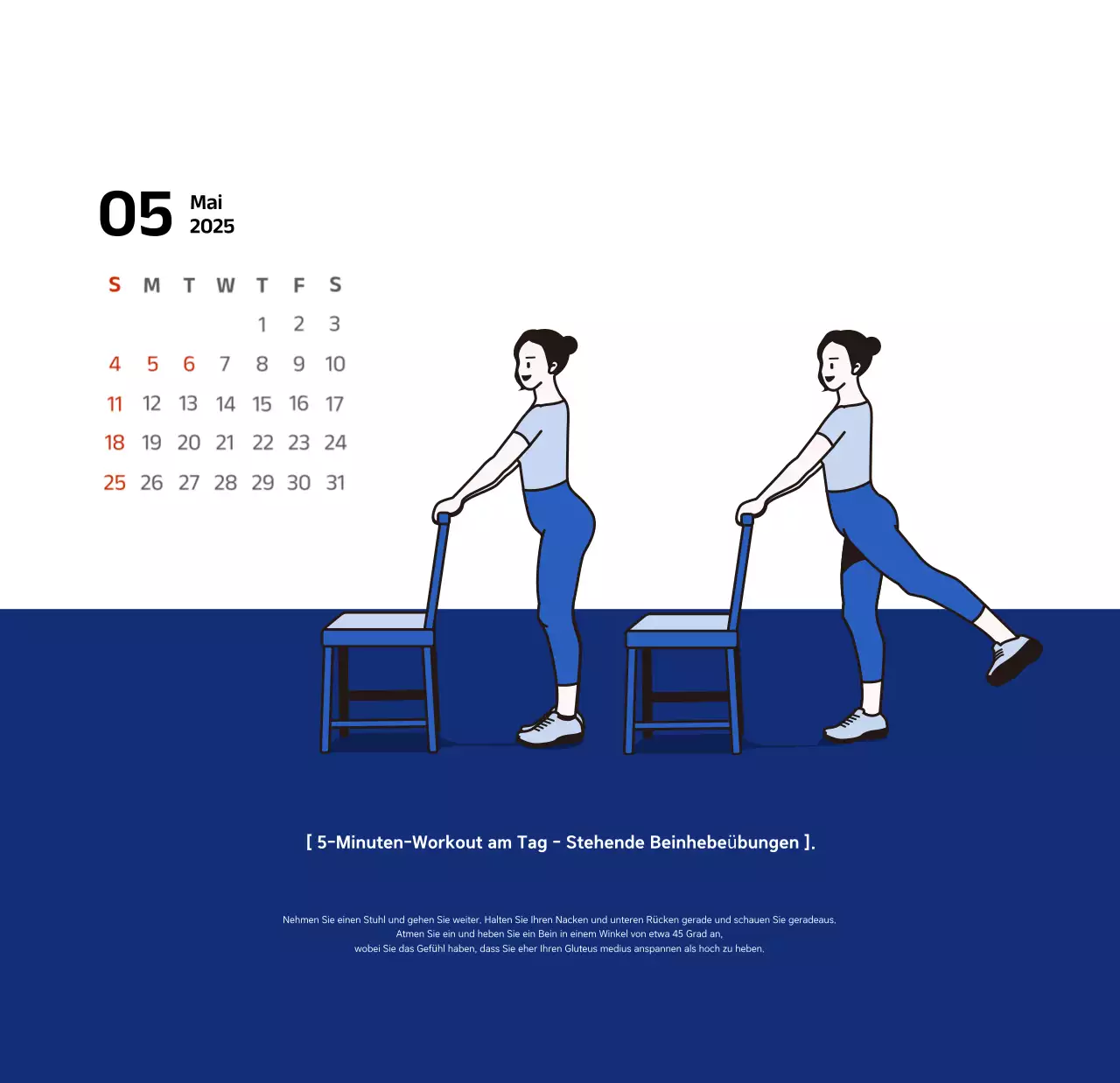 Einfacher Kalender mit blauen, klaren Illustrationen