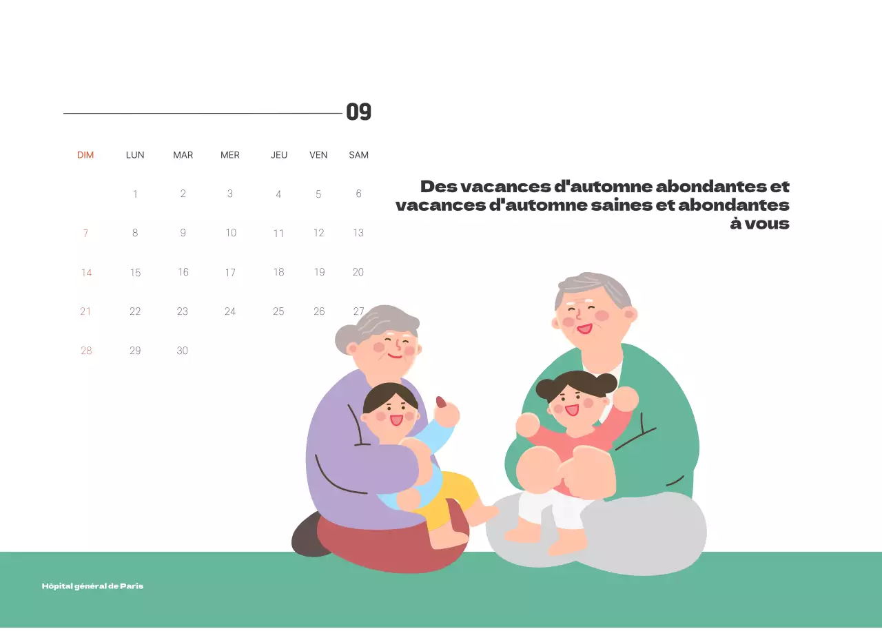 Un hôpital festif avec des illustrations sur le thème de la santé et de la famille et des accents colorés.