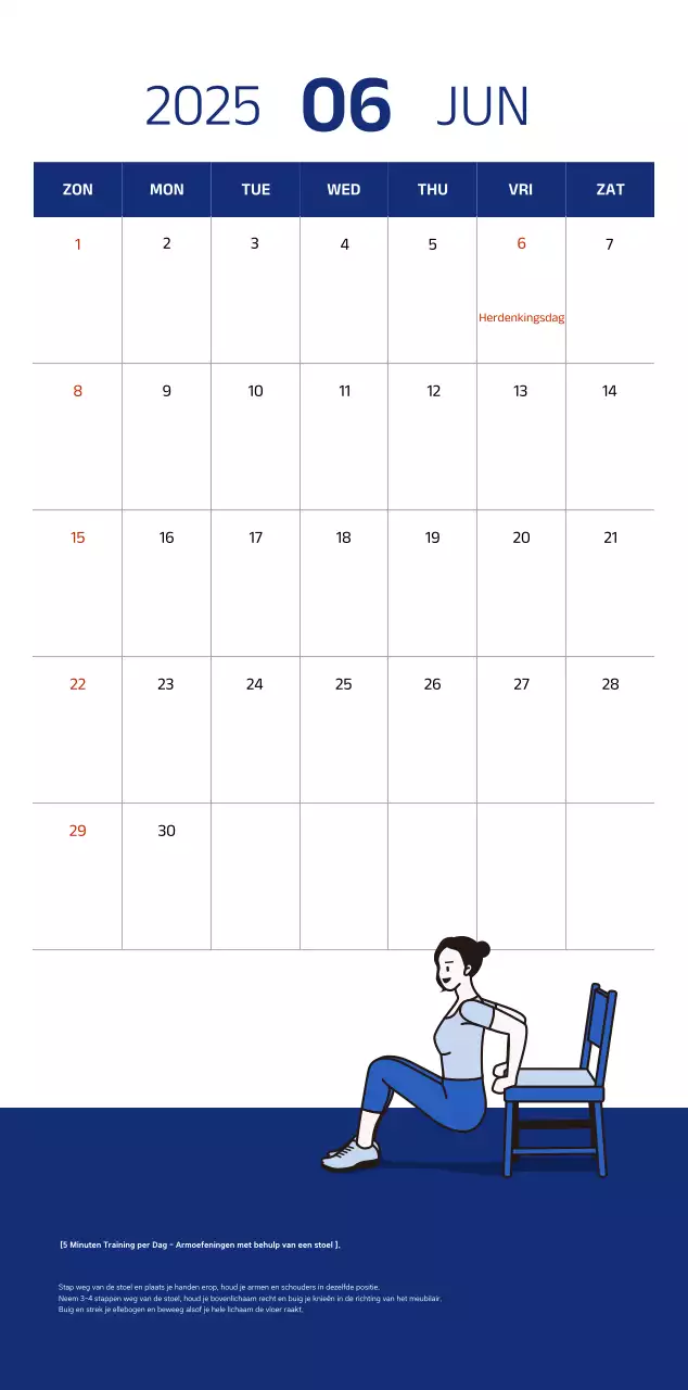 Eenvoudige kalender met blauwe, strakke illustraties