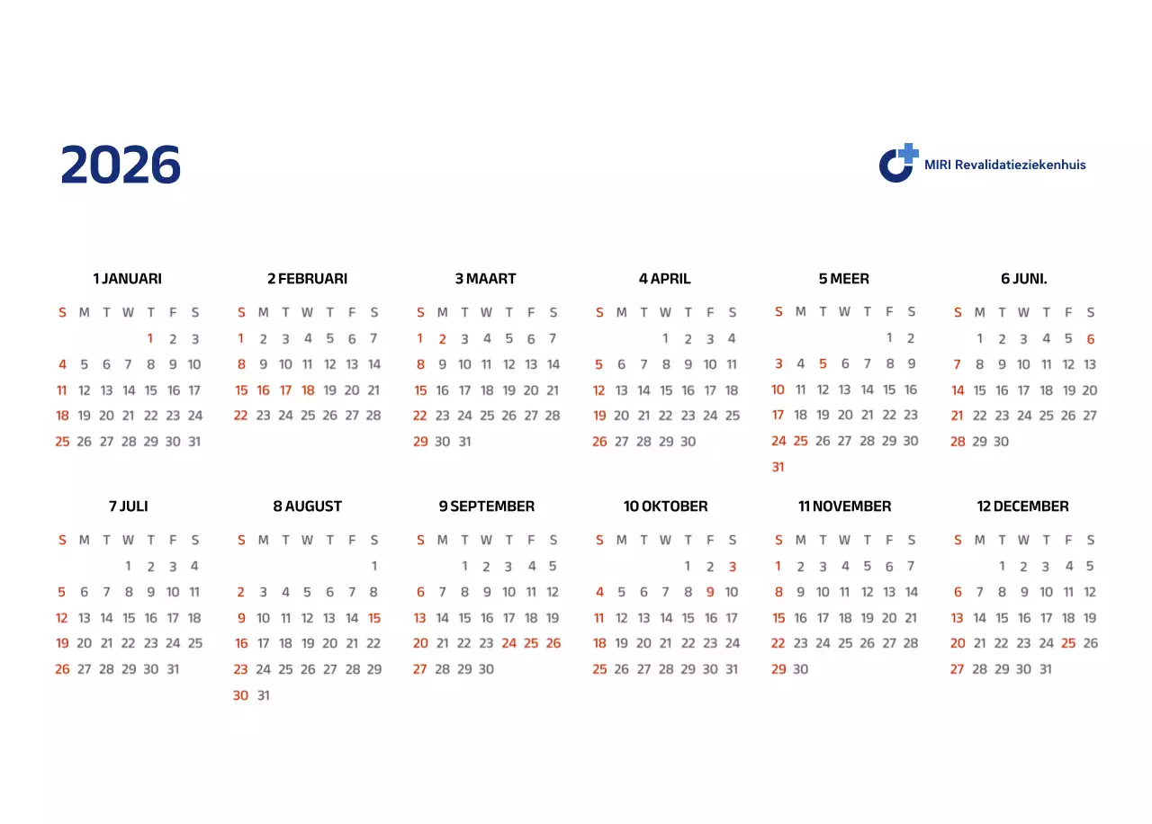 Eenvoudige kalender met blauwe, strakke illustraties