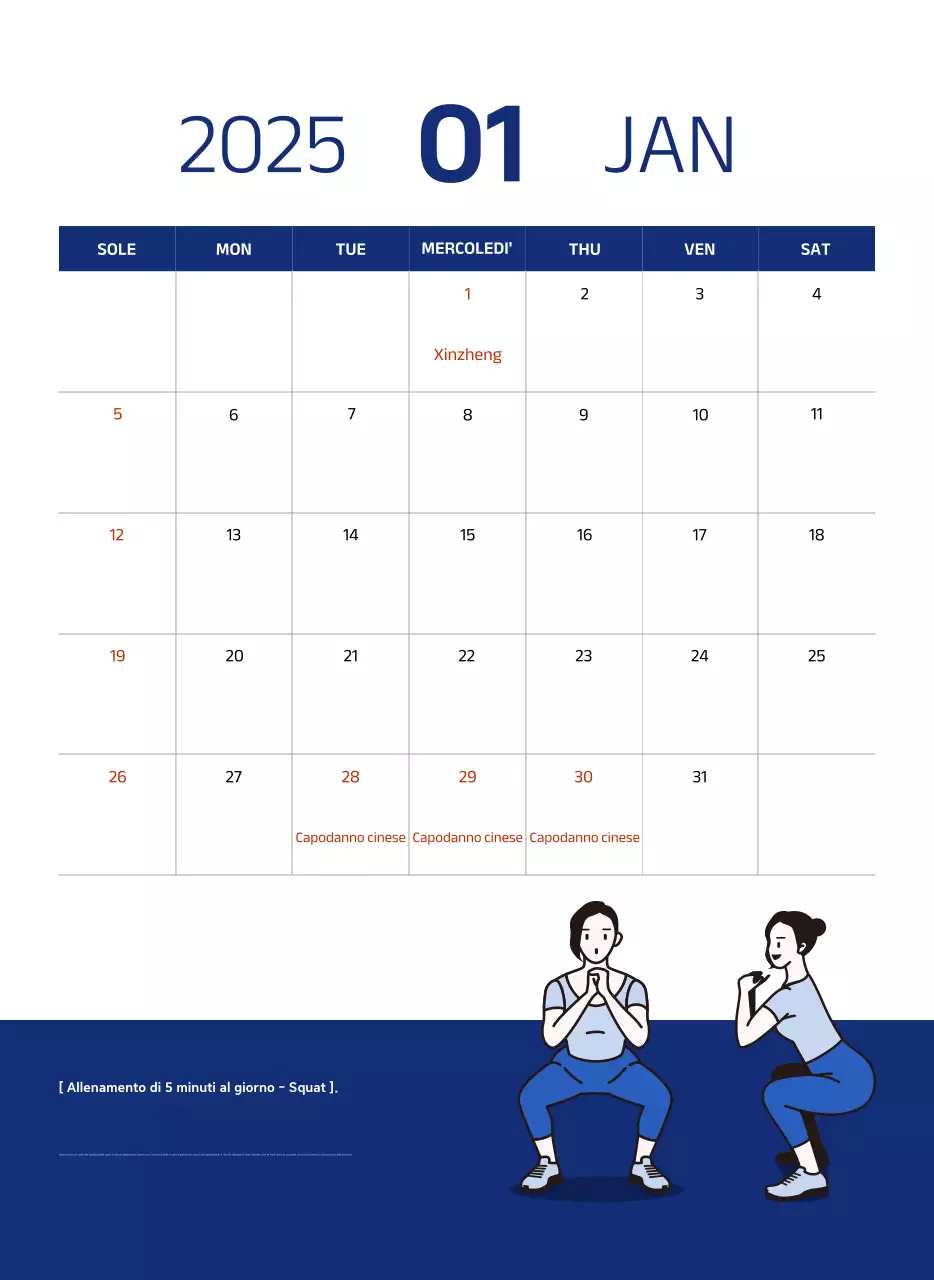 Calendario semplice con illustrazioni blu e pulite