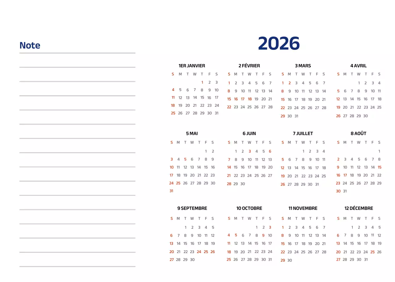 Calendrier simple avec des illustrations bleues et épurées