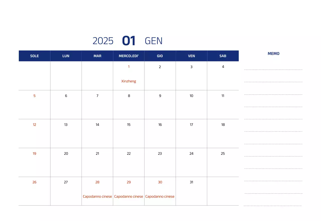 Calendario semplice con illustrazioni blu e pulite