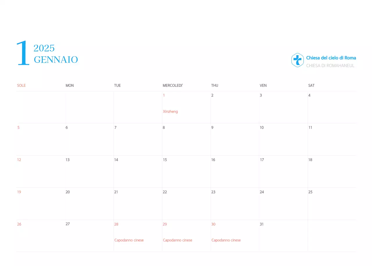 Calendario ecclesiastico blu di concezione moderna