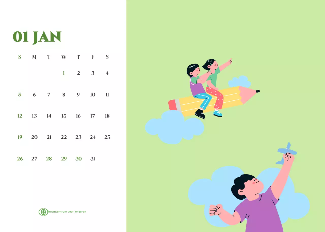 Kalender met jeugdillustraties op een geelgroene achtergrond