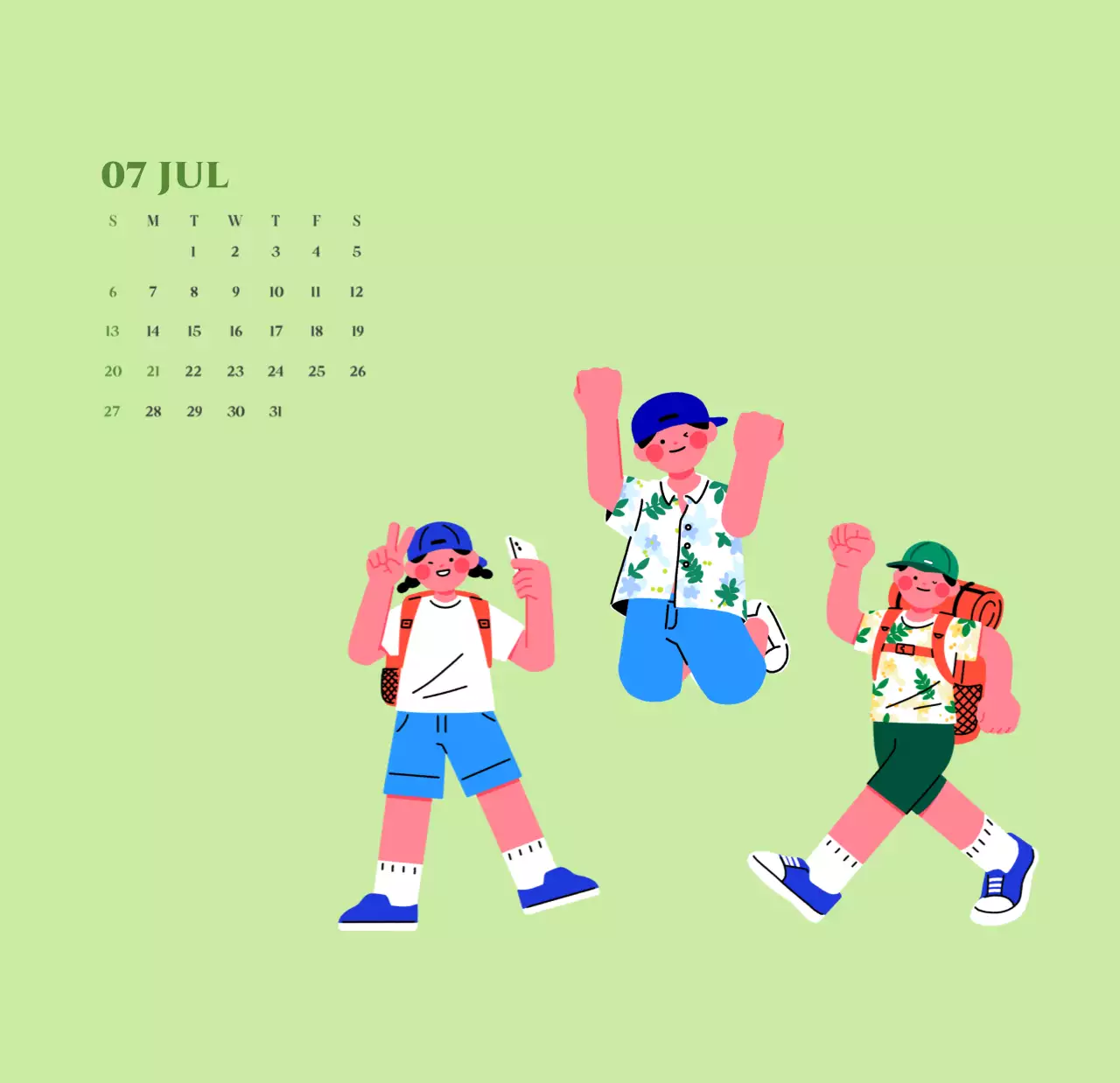 黄緑色の背景に青少年のイラストが描かれたカレンダー