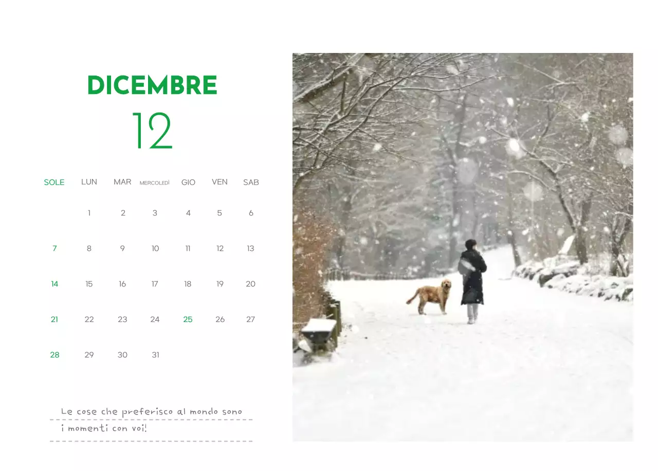 Un calendario con la foto di un cucciolo e un simpatico messaggio in colore verde.