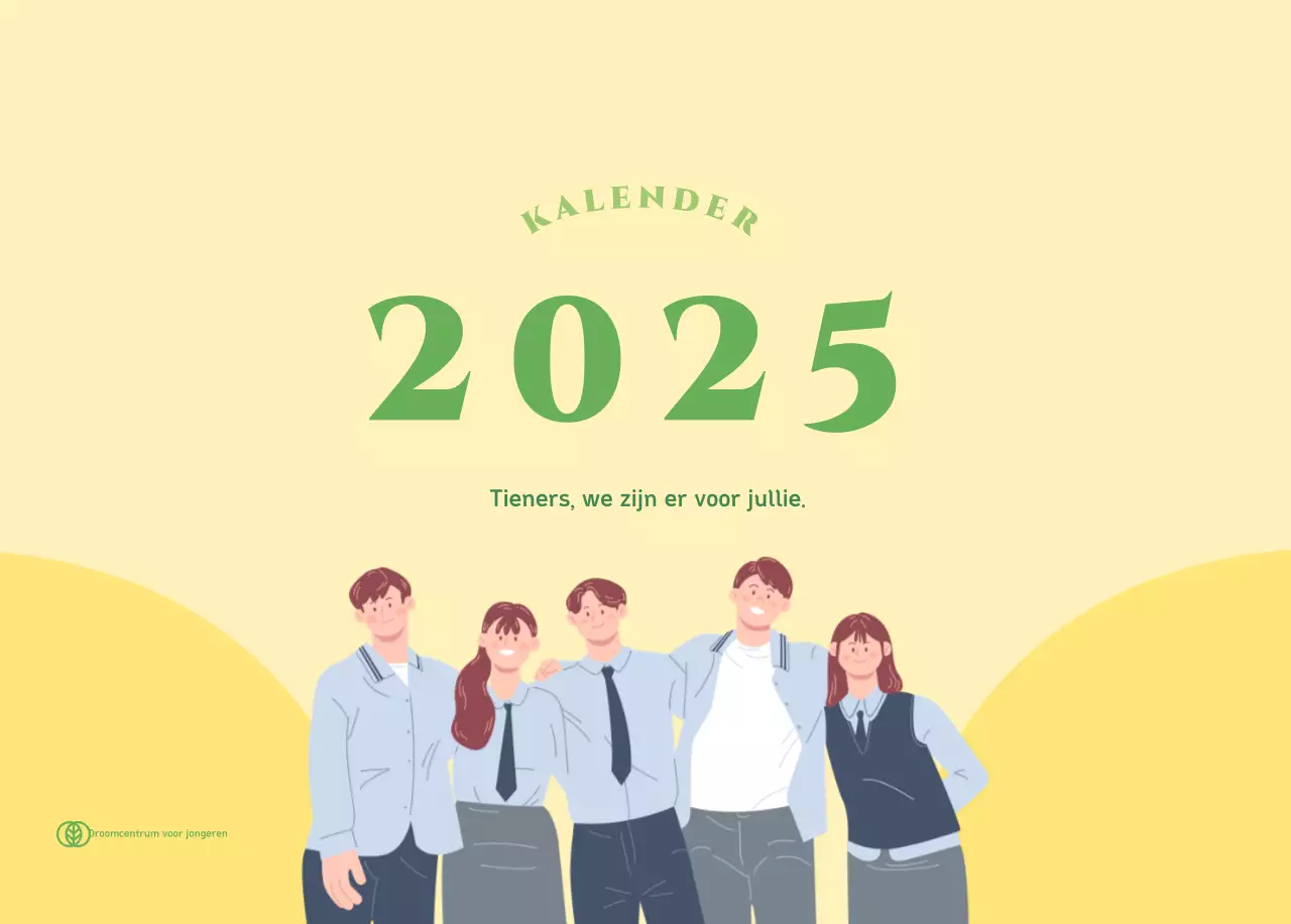 Kalender met jeugdillustraties op een geelgroene achtergrond