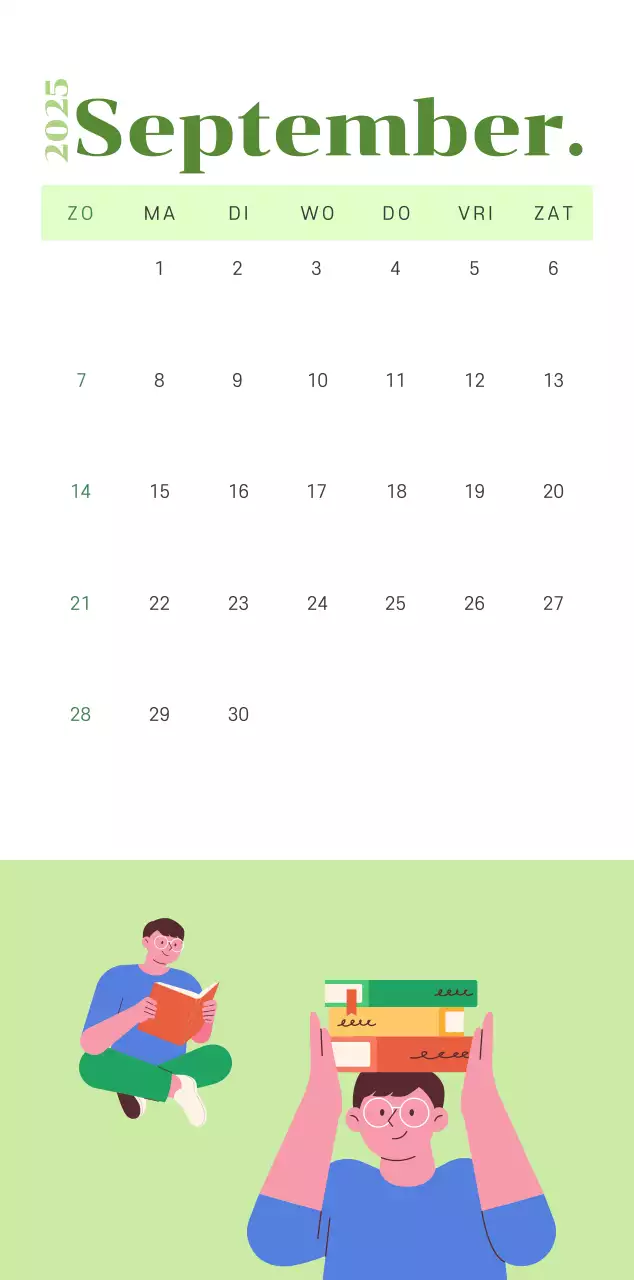 Kalender met jeugdillustraties op een geelgroene achtergrond