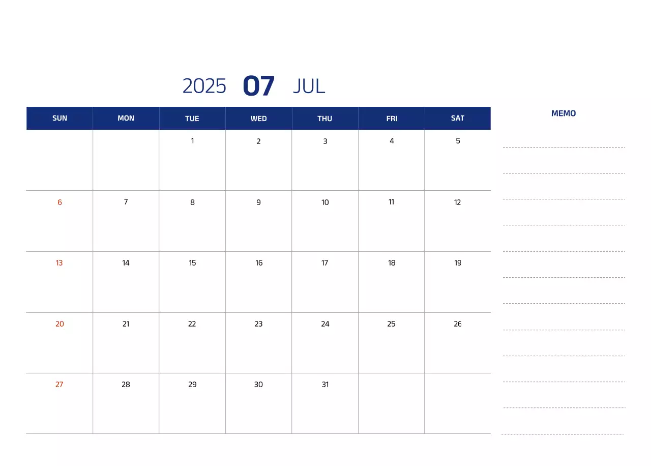 Simple calendar with blue, clean illustrations