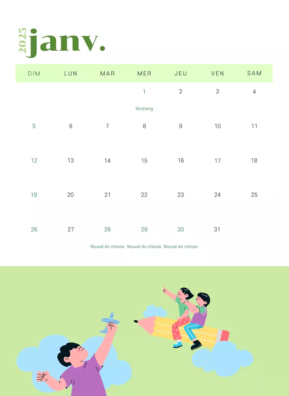 Calendrier avec illustrations de jeunes sur fond jaune-vert