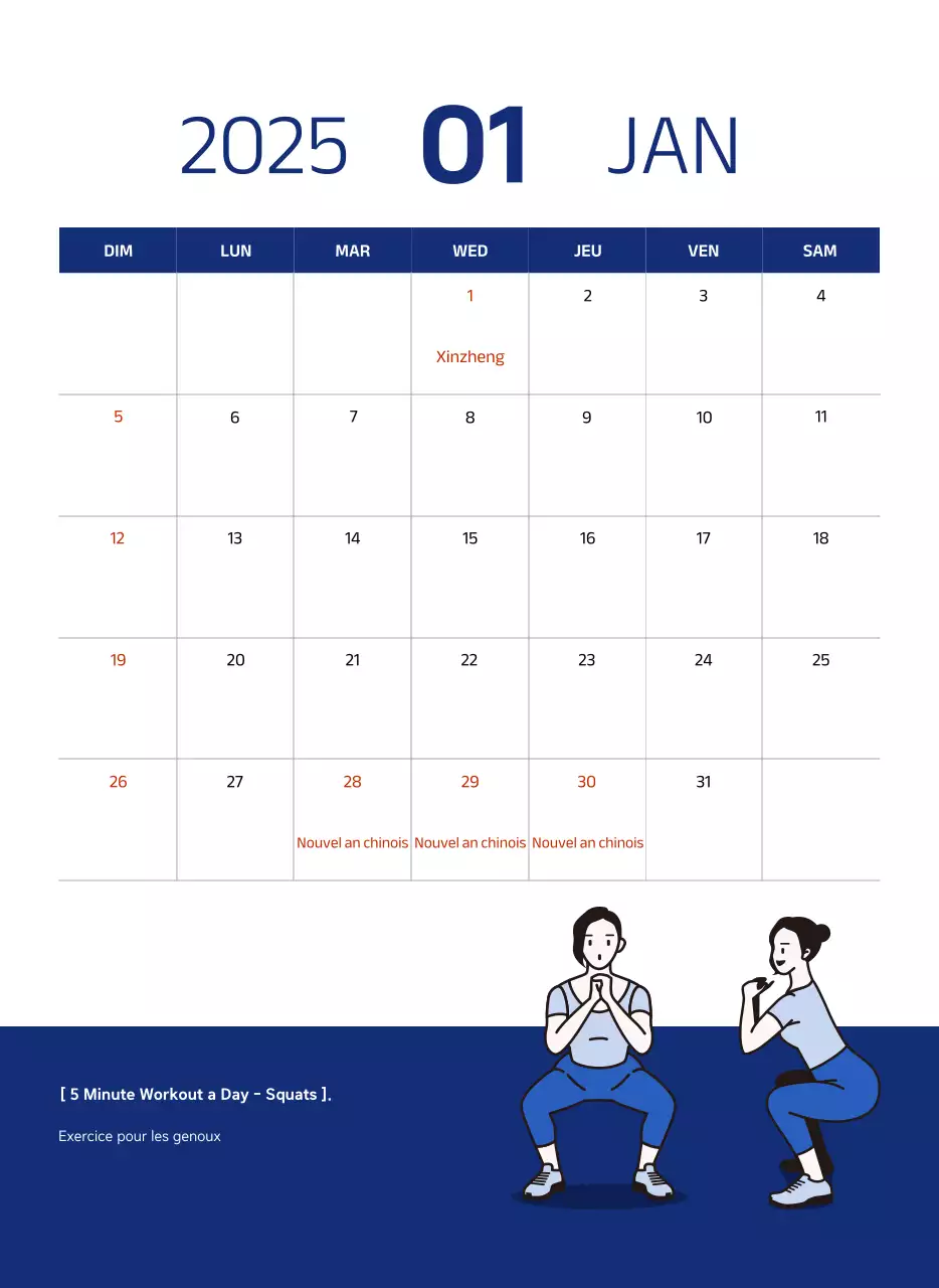 Calendrier simple avec des illustrations bleues et épurées