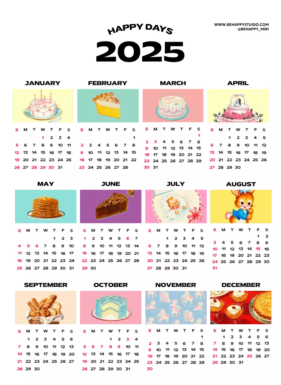 Kalender penuh warna dengan berbagai ilustrasi retro