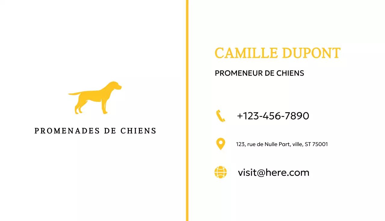 Carte de visite minimale jaune pour animaux de compagnie