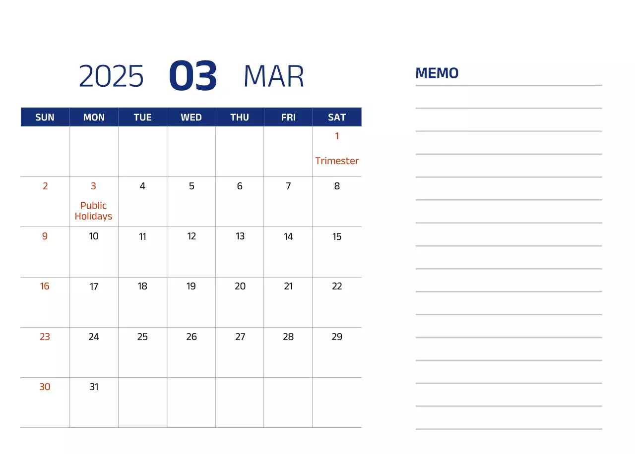 Simple calendar with blue, clean illustrations