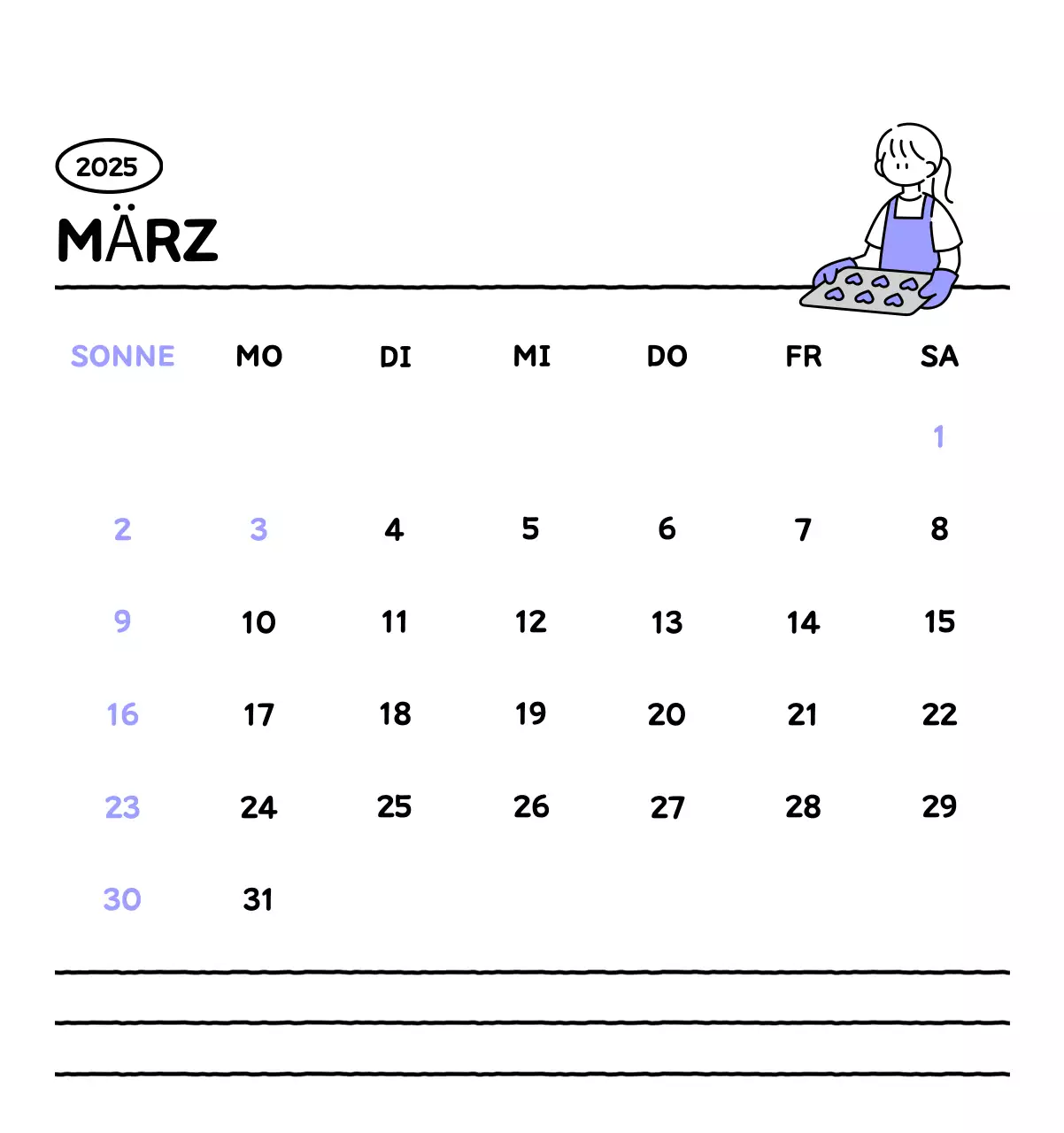 Illustrierter Kalender mit schönem Linienstil