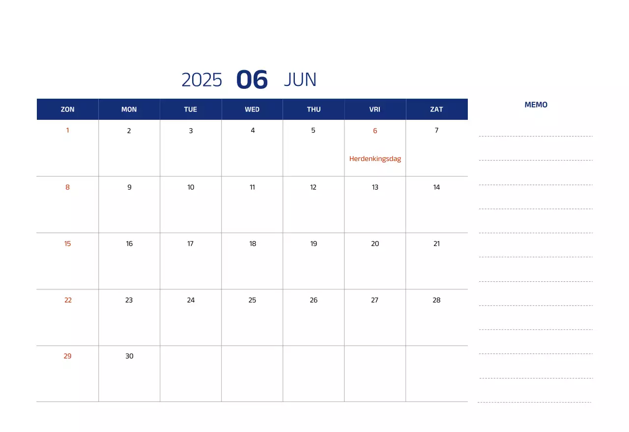 Eenvoudige kalender met blauwe, strakke illustraties