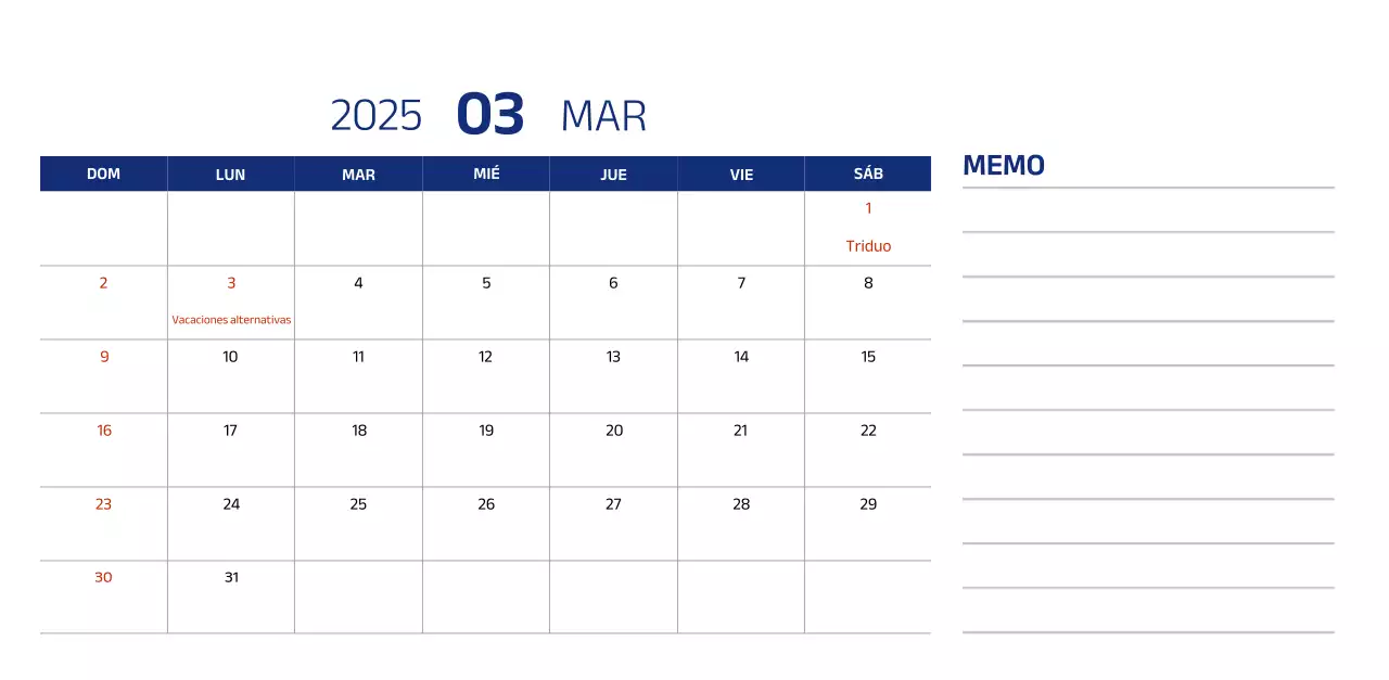 Calendario sencillo con ilustraciones azules y limpias