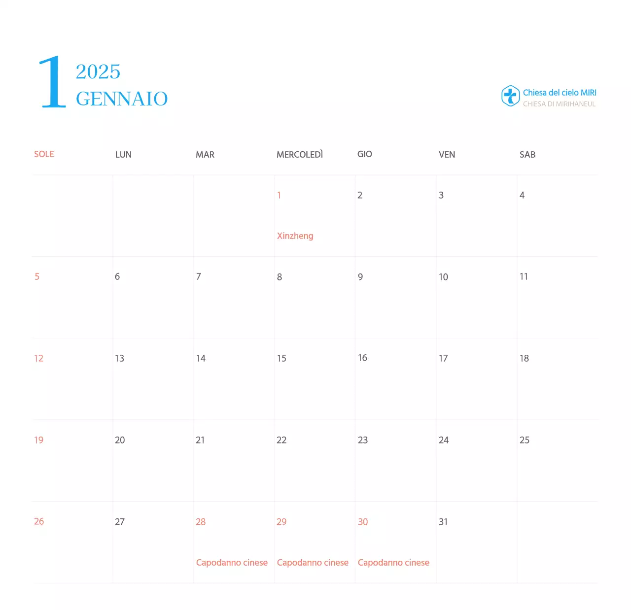 Calendario ecclesiastico blu di concezione moderna