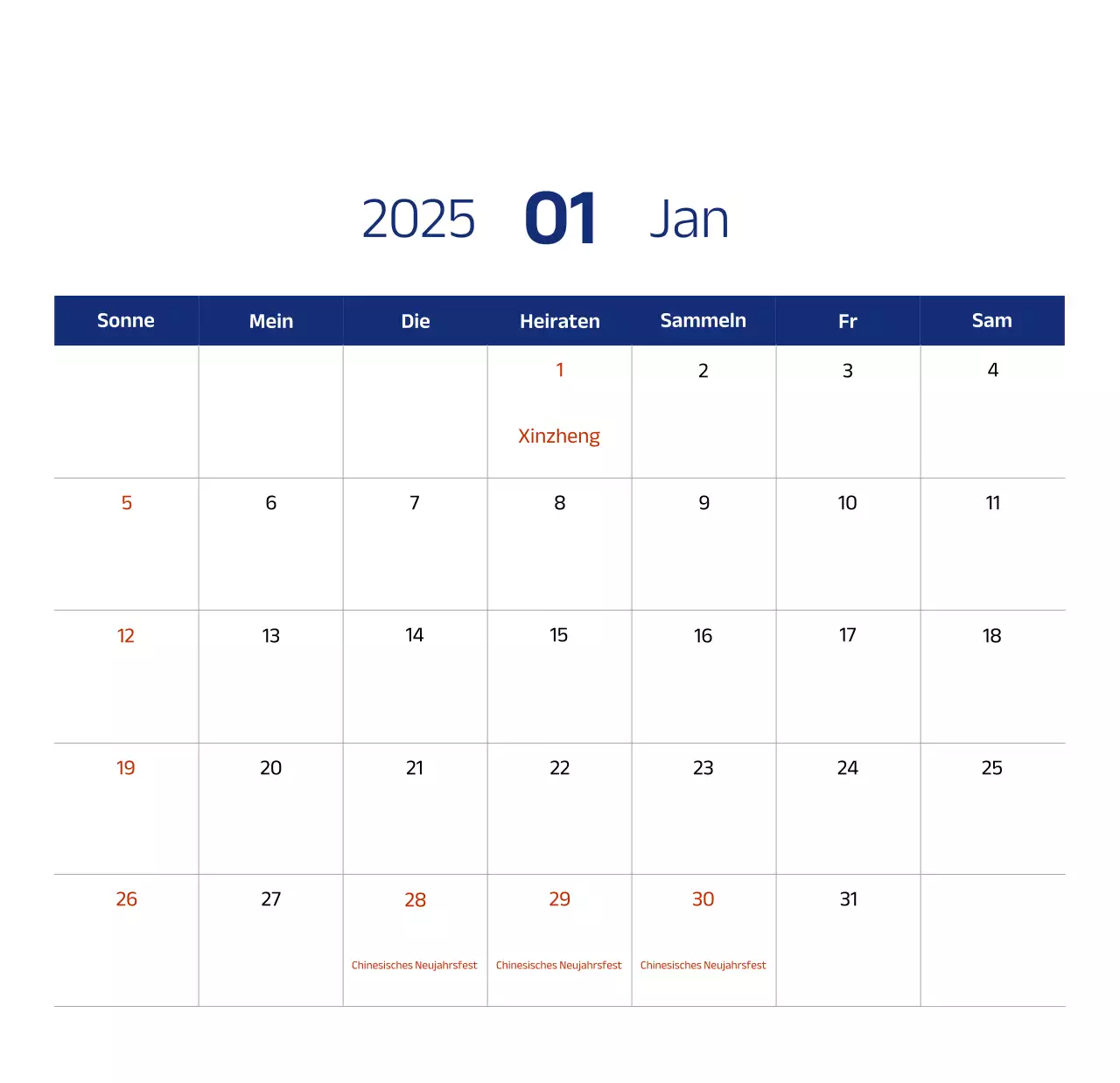 Einfacher Kalender mit blauen, klaren Illustrationen