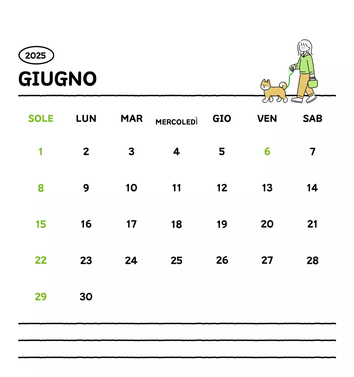 Calendario illustrato con un grazioso stile di linee