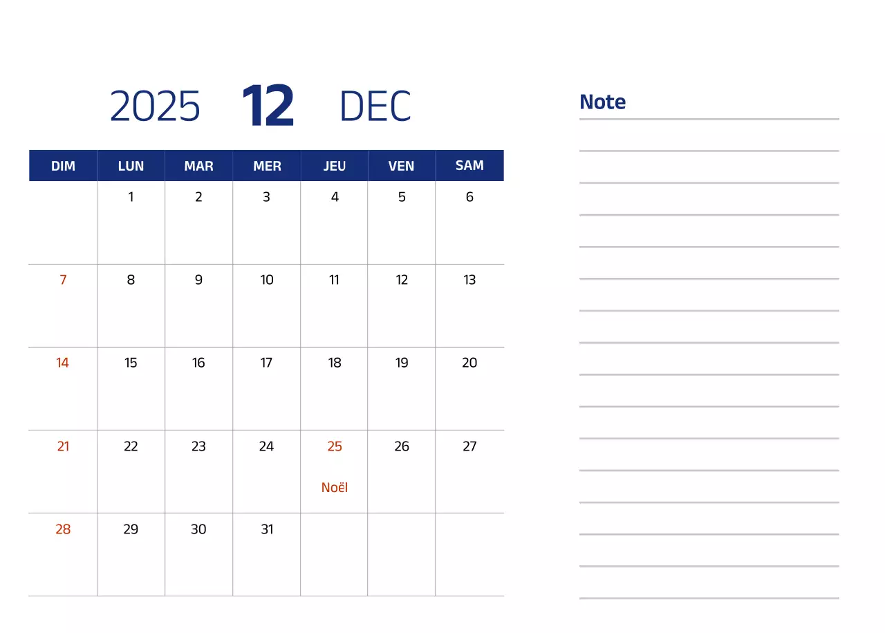 Calendrier simple avec des illustrations bleues et épurées