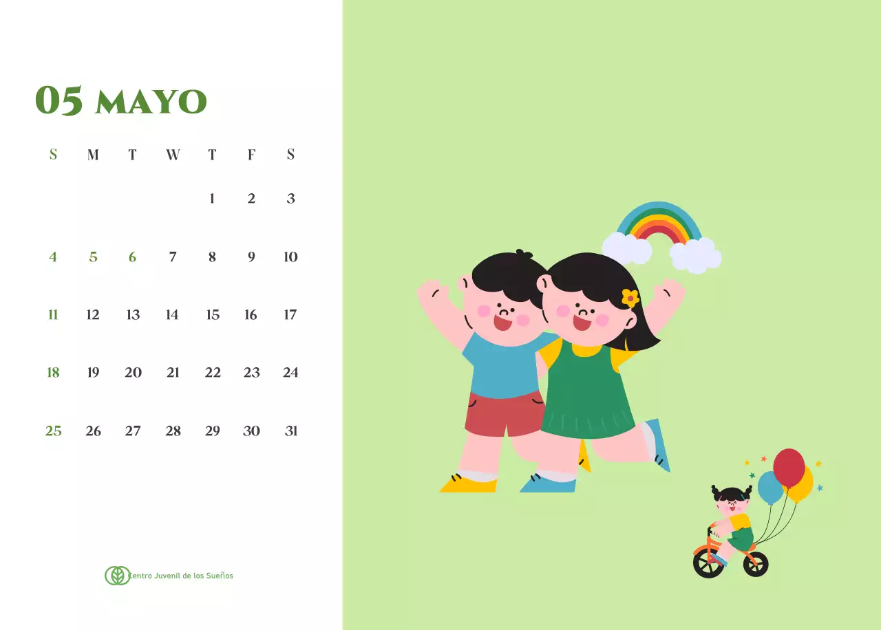 Calendario con ilustraciones juveniles sobre fondo amarillo verdoso