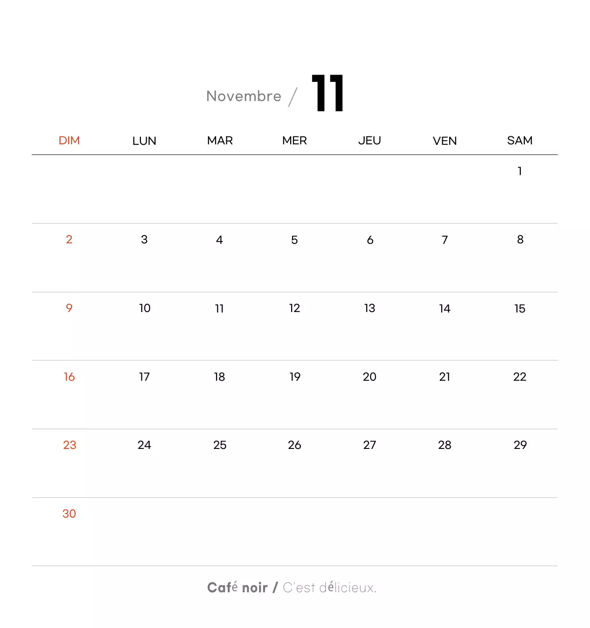 Calendrier minimaliste pour le café