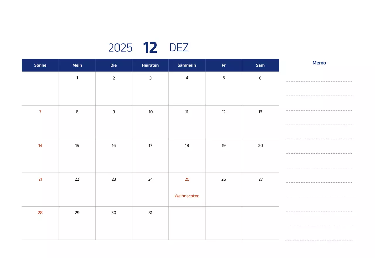 Einfacher Kalender mit blauen, klaren Illustrationen