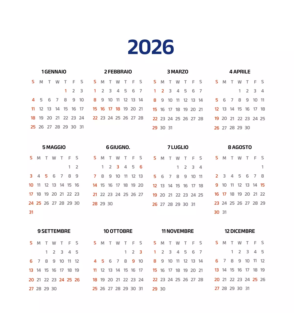 Calendario semplice con illustrazioni blu e pulite