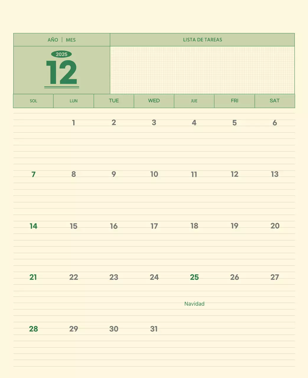 SAT Calendario de pared con concepto de bloc de notas del Día D en verde y amarillo claro