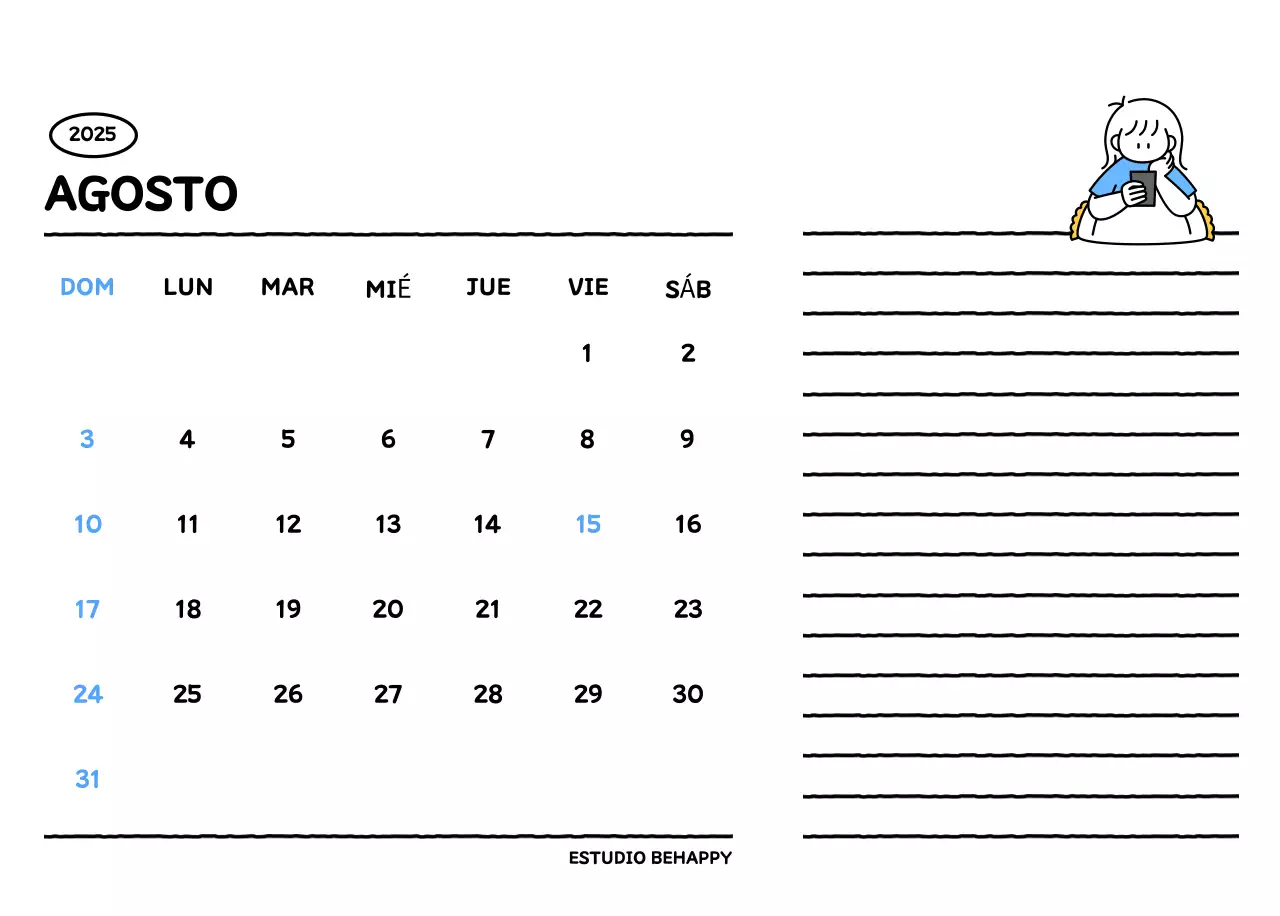 Calendario ilustrado con un bonito estilo de líneas