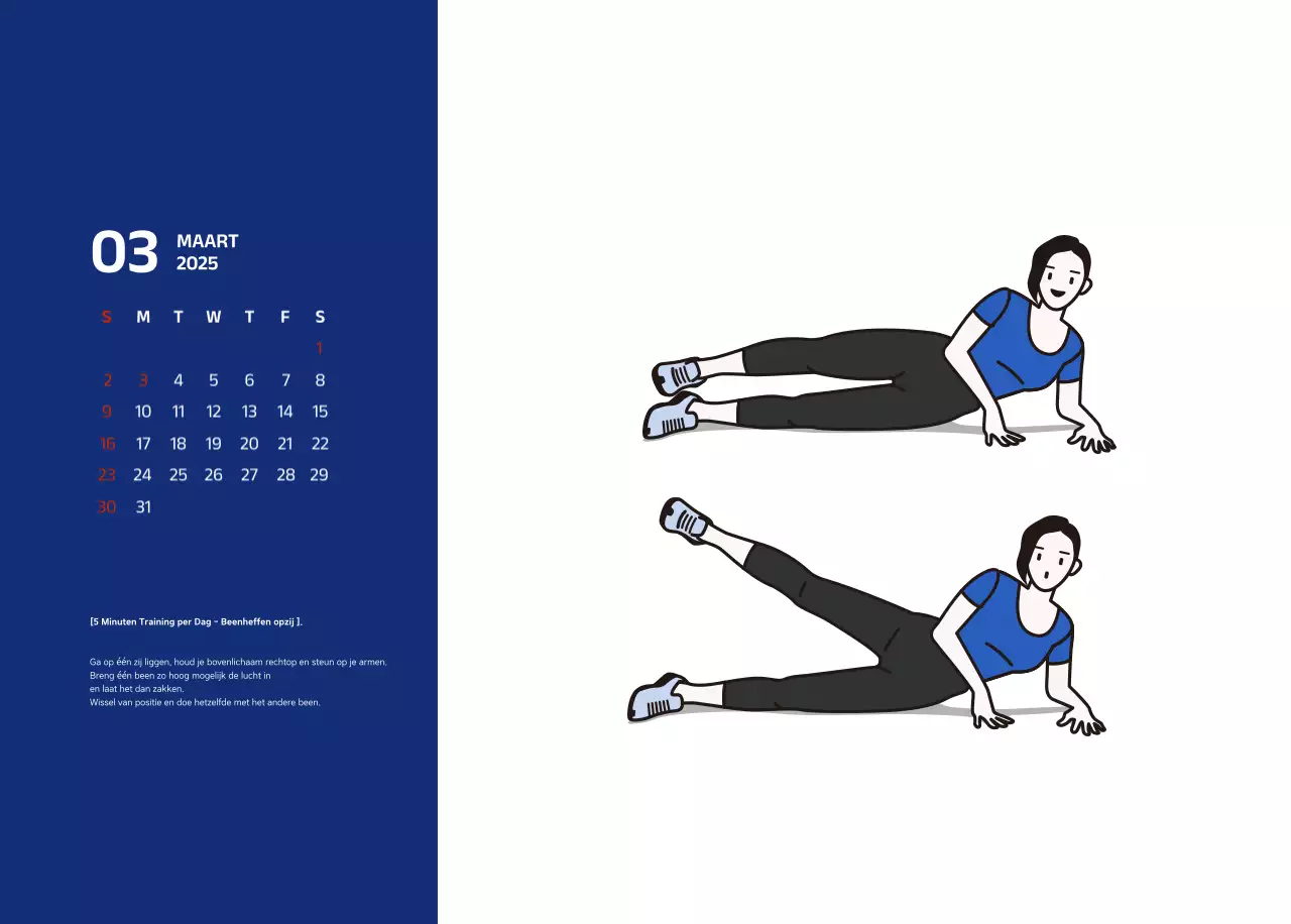 Eenvoudige kalender met blauwe, strakke illustraties