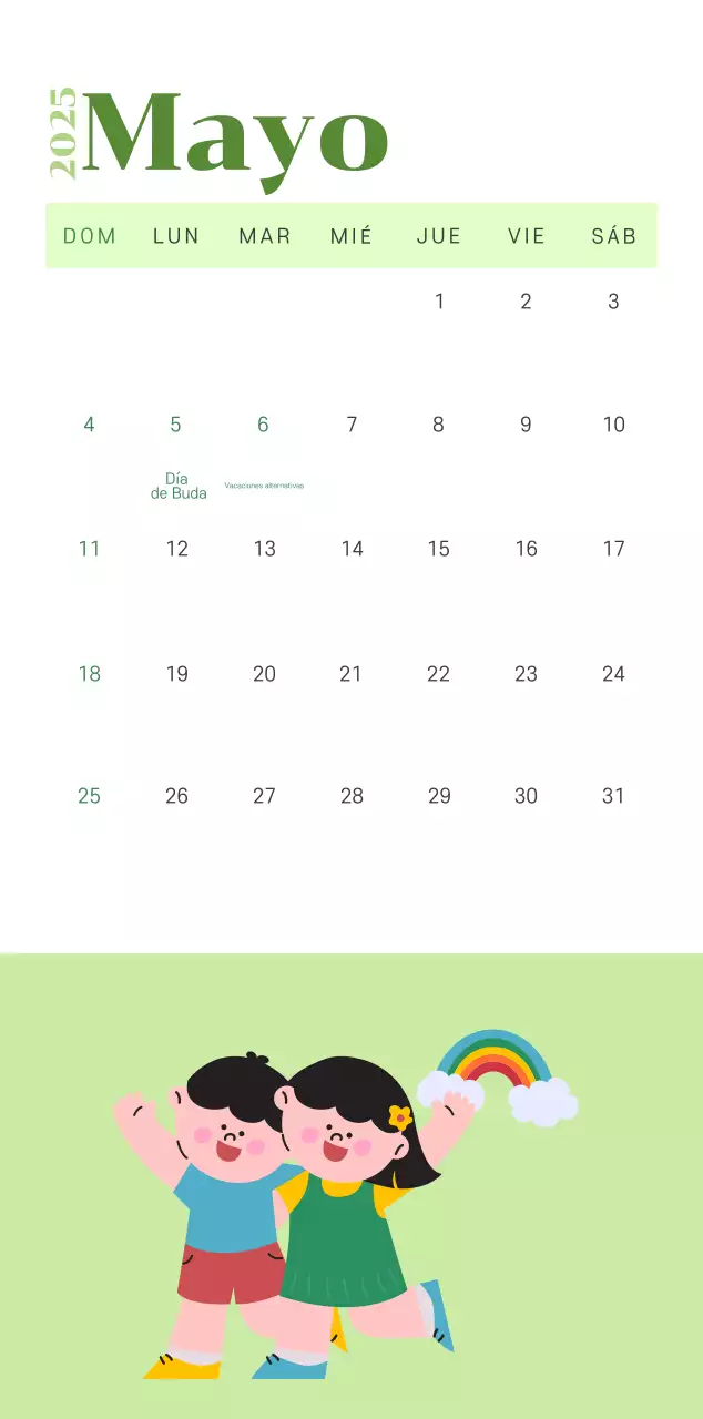 Calendario con ilustraciones juveniles sobre fondo amarillo verdoso