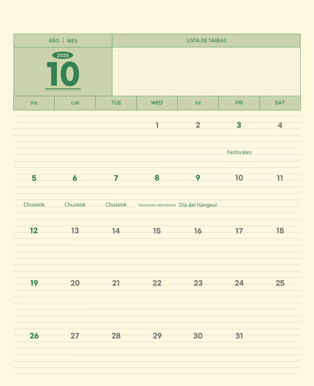 SAT Calendario de pared con concepto de bloc de notas del Día D en verde y amarillo claro