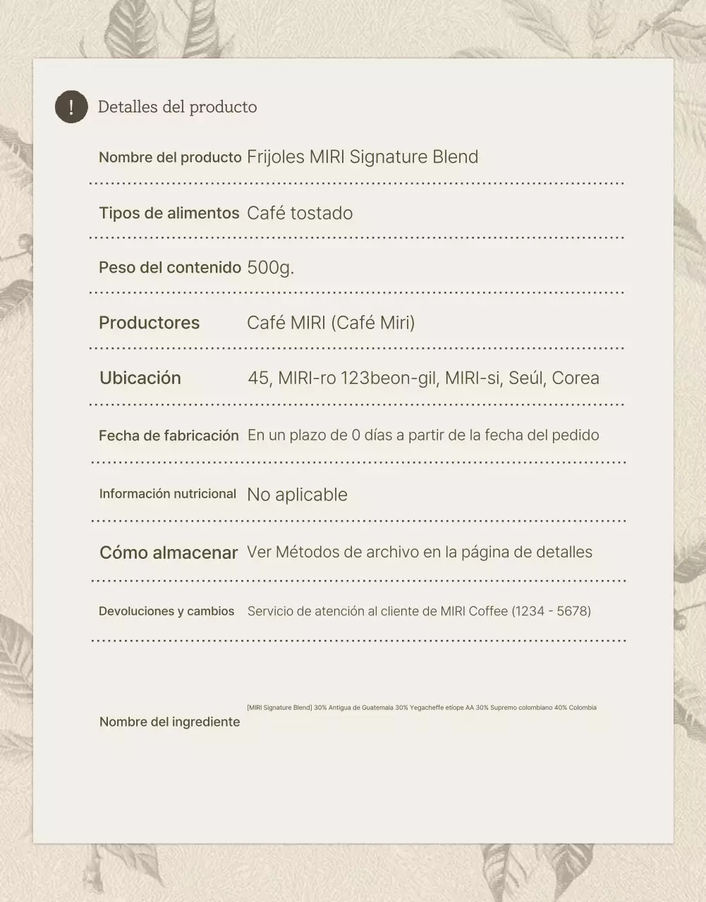 Granos de café vintage beige y marrón página de detalles