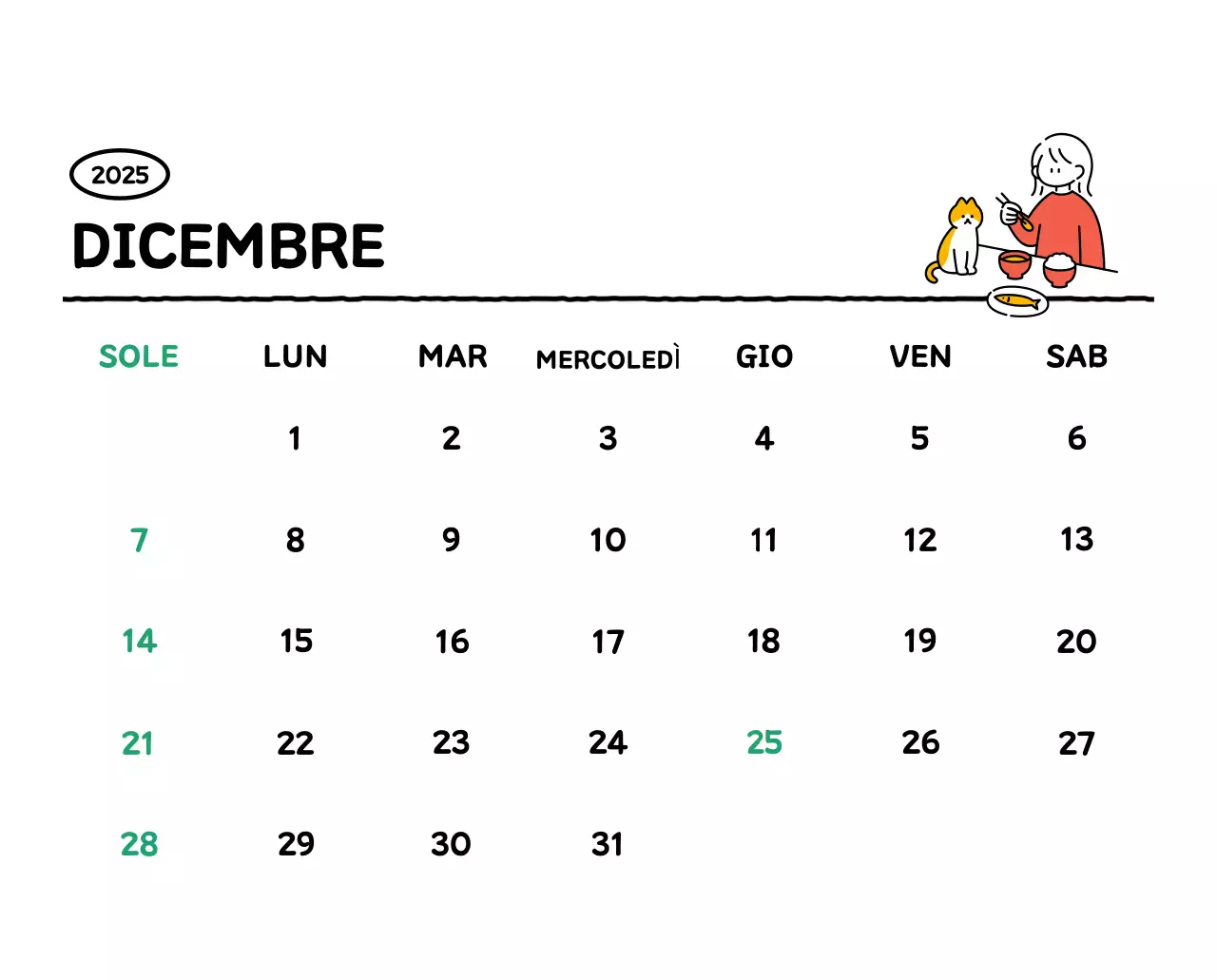 Calendario illustrato con un grazioso stile di linee