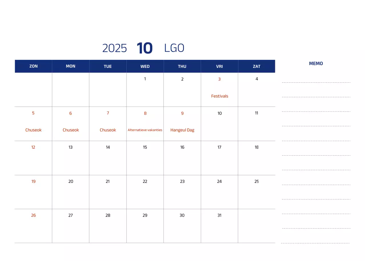 Eenvoudige kalender met blauwe, strakke illustraties