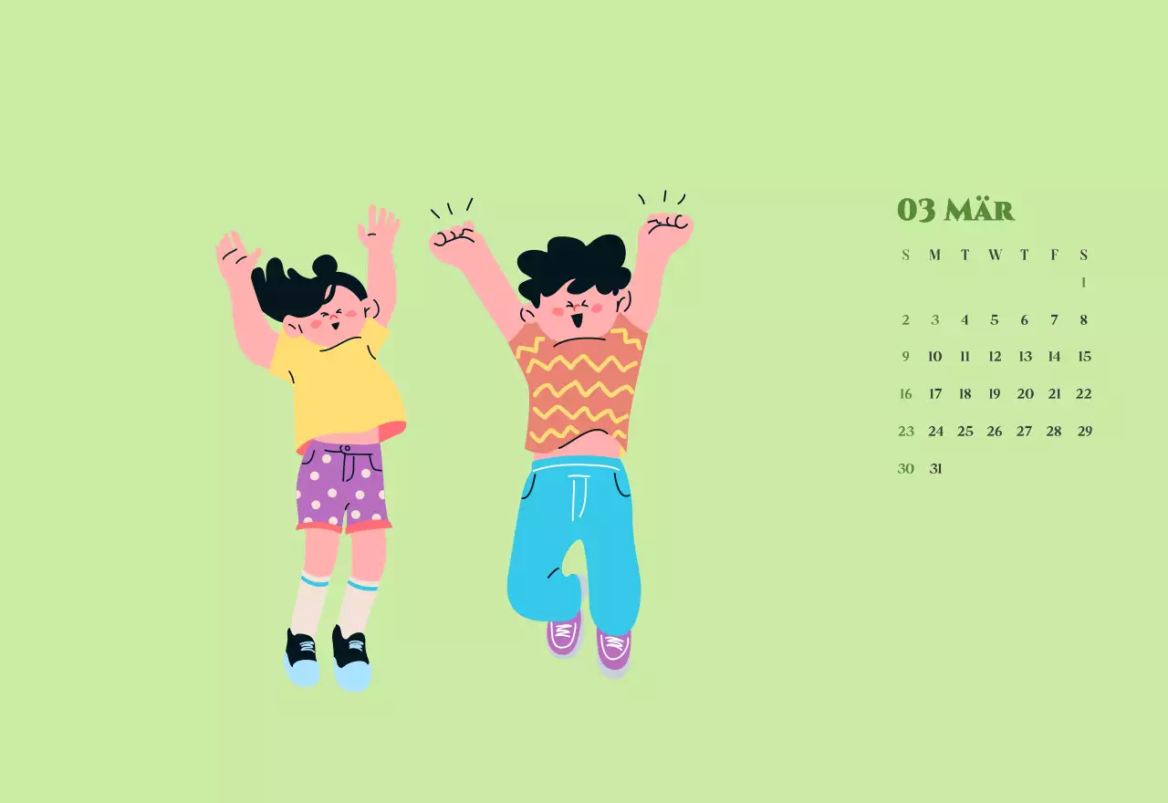 Kalender mit Jugendillustrationen auf gelb-grünem Hintergrund