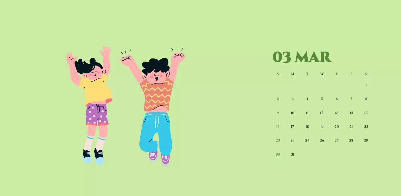 Calendario con ilustraciones juveniles sobre fondo amarillo verdoso