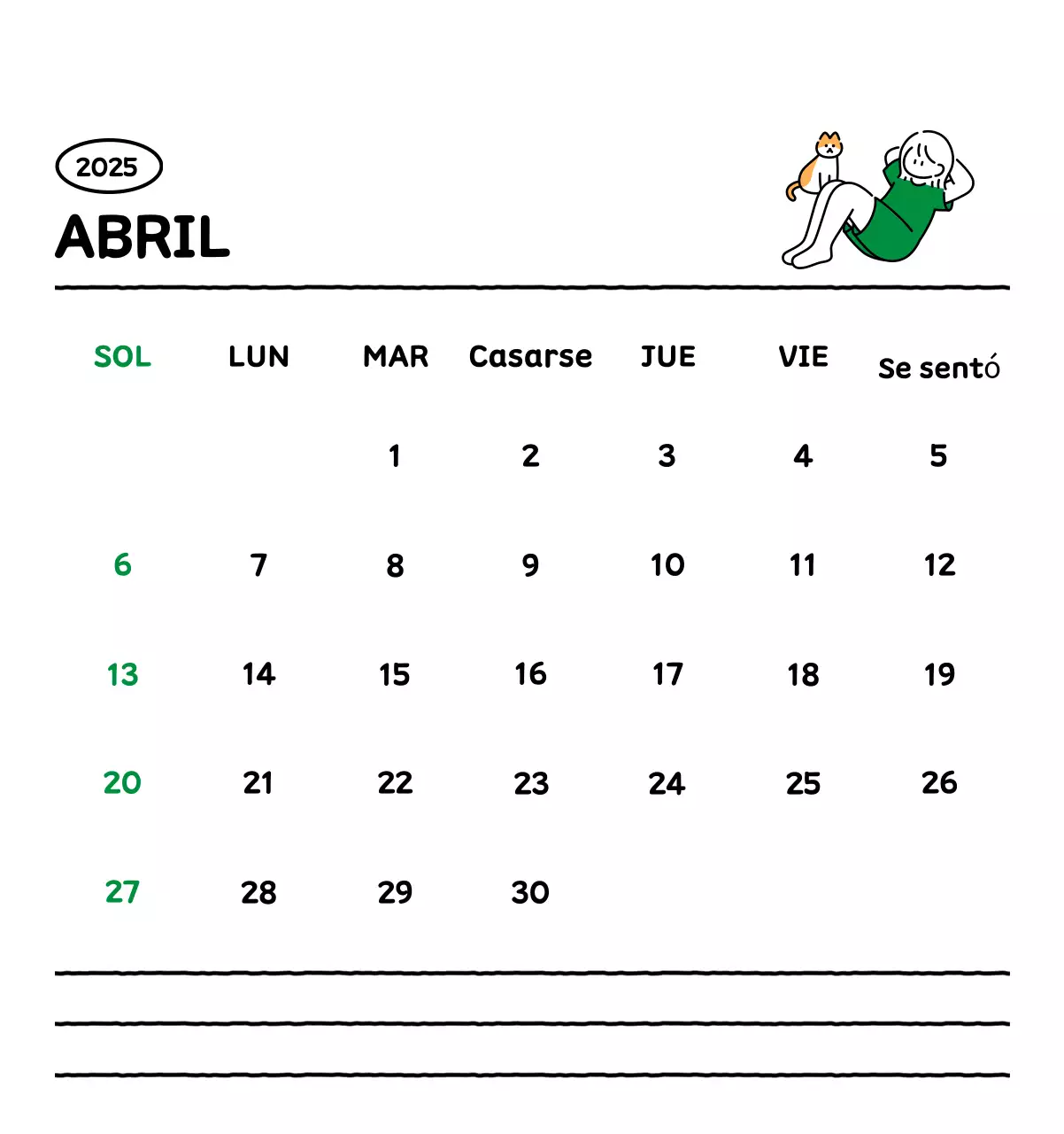 Calendario ilustrado con un bonito estilo de líneas