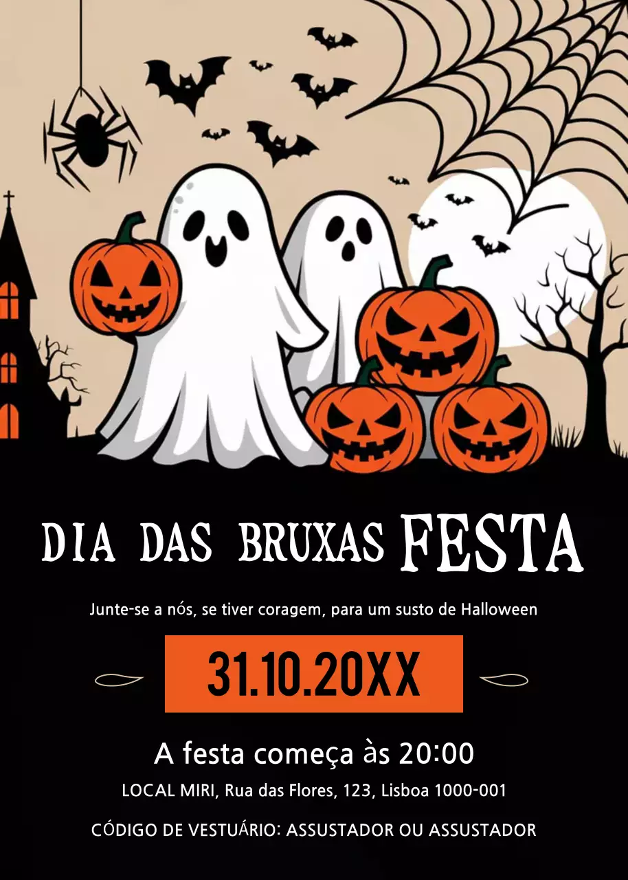 Convite para festa de Halloween preto e laranja