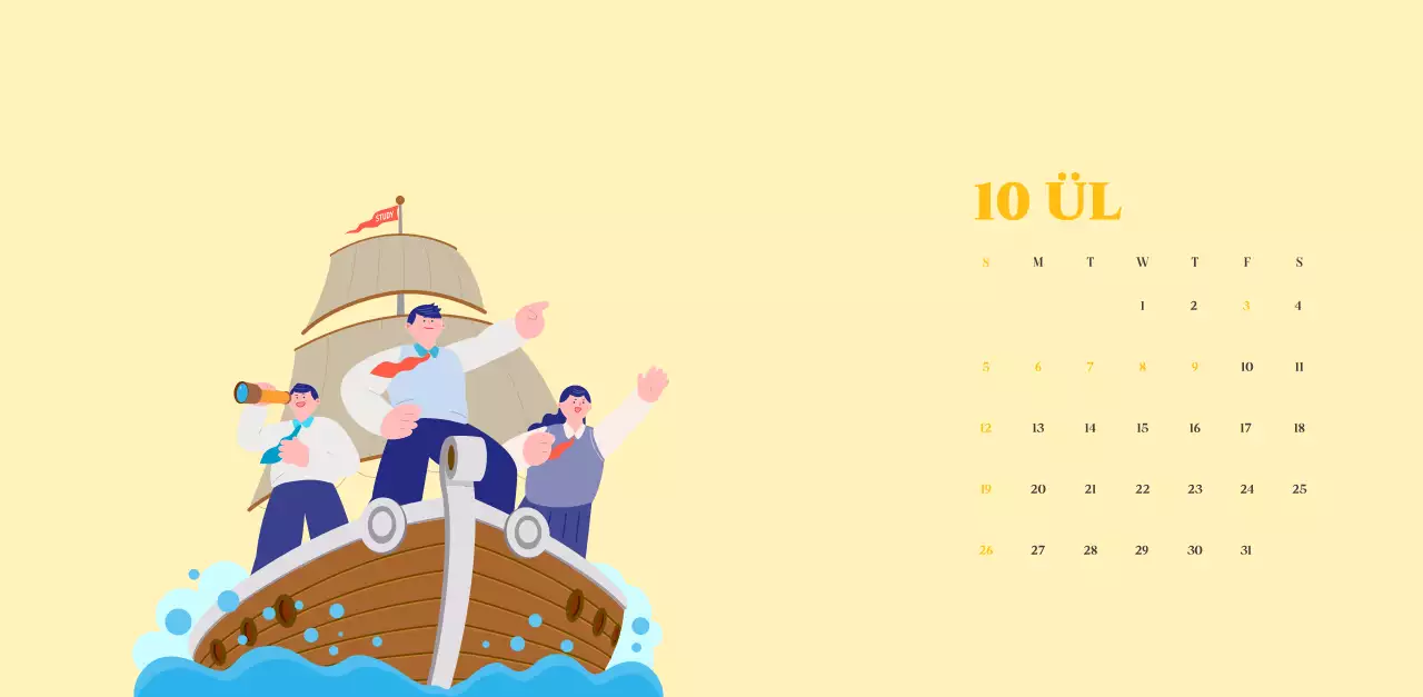 Kalender mit Jugendillustrationen auf gelb-grünem Hintergrund