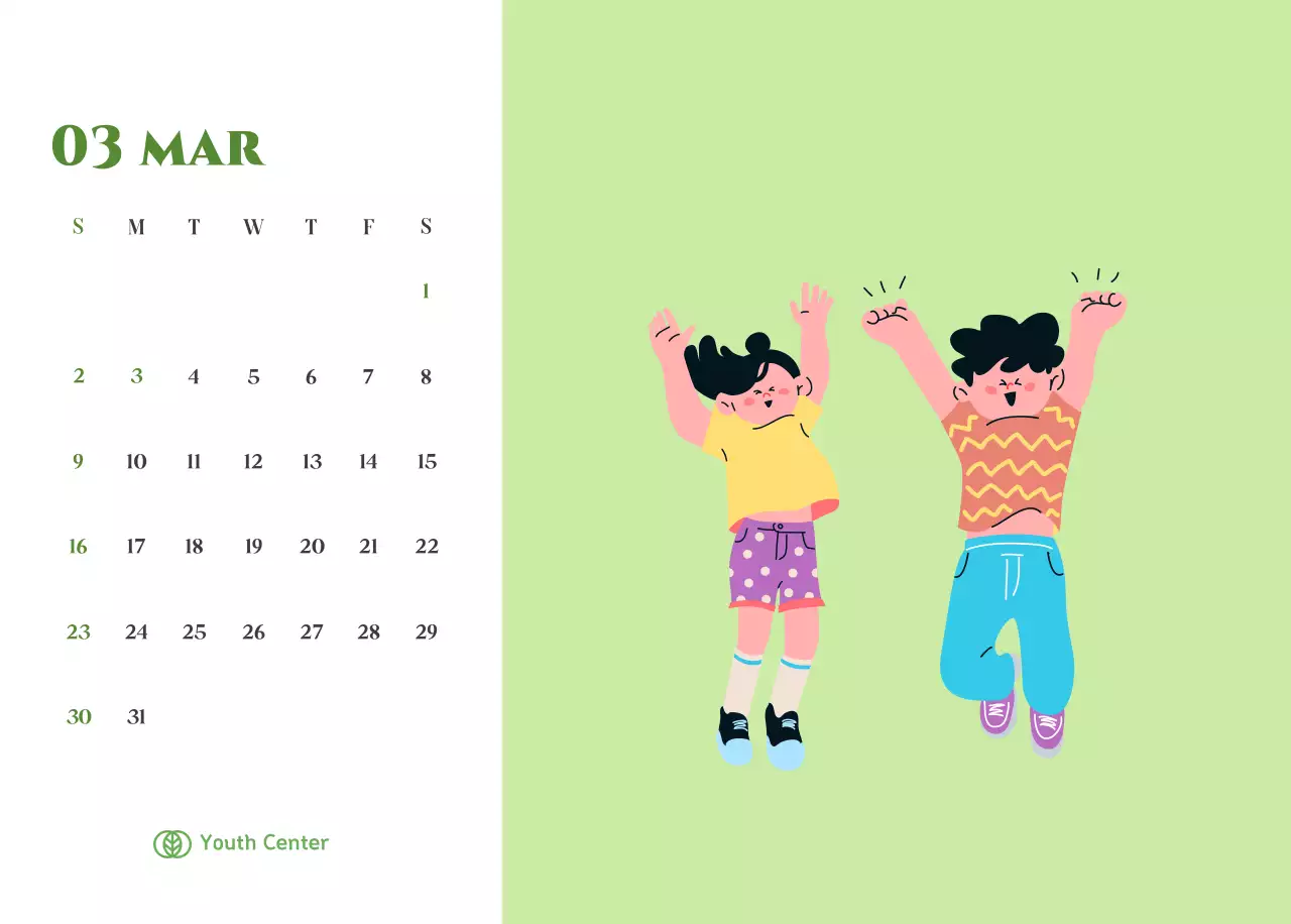 Calendar with youth illustrations on a yellow-green background