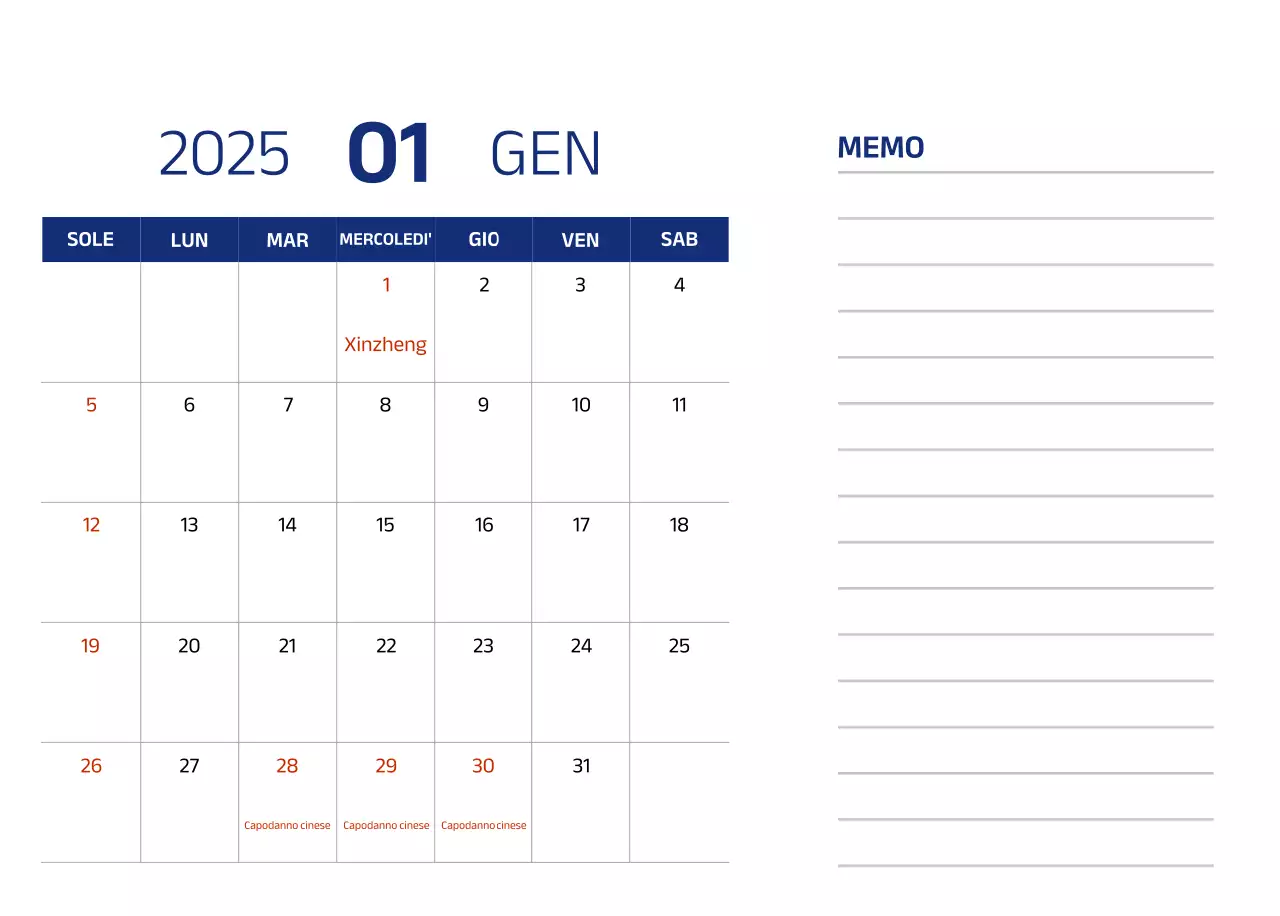 Calendario semplice con illustrazioni blu e pulite