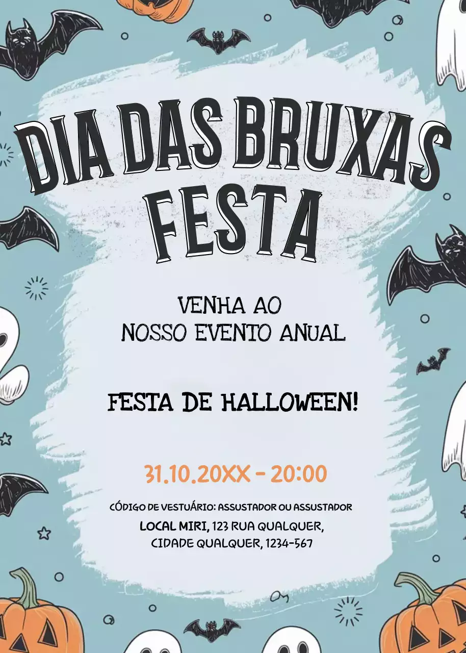 Convite azul preto laranja para festa de Halloween