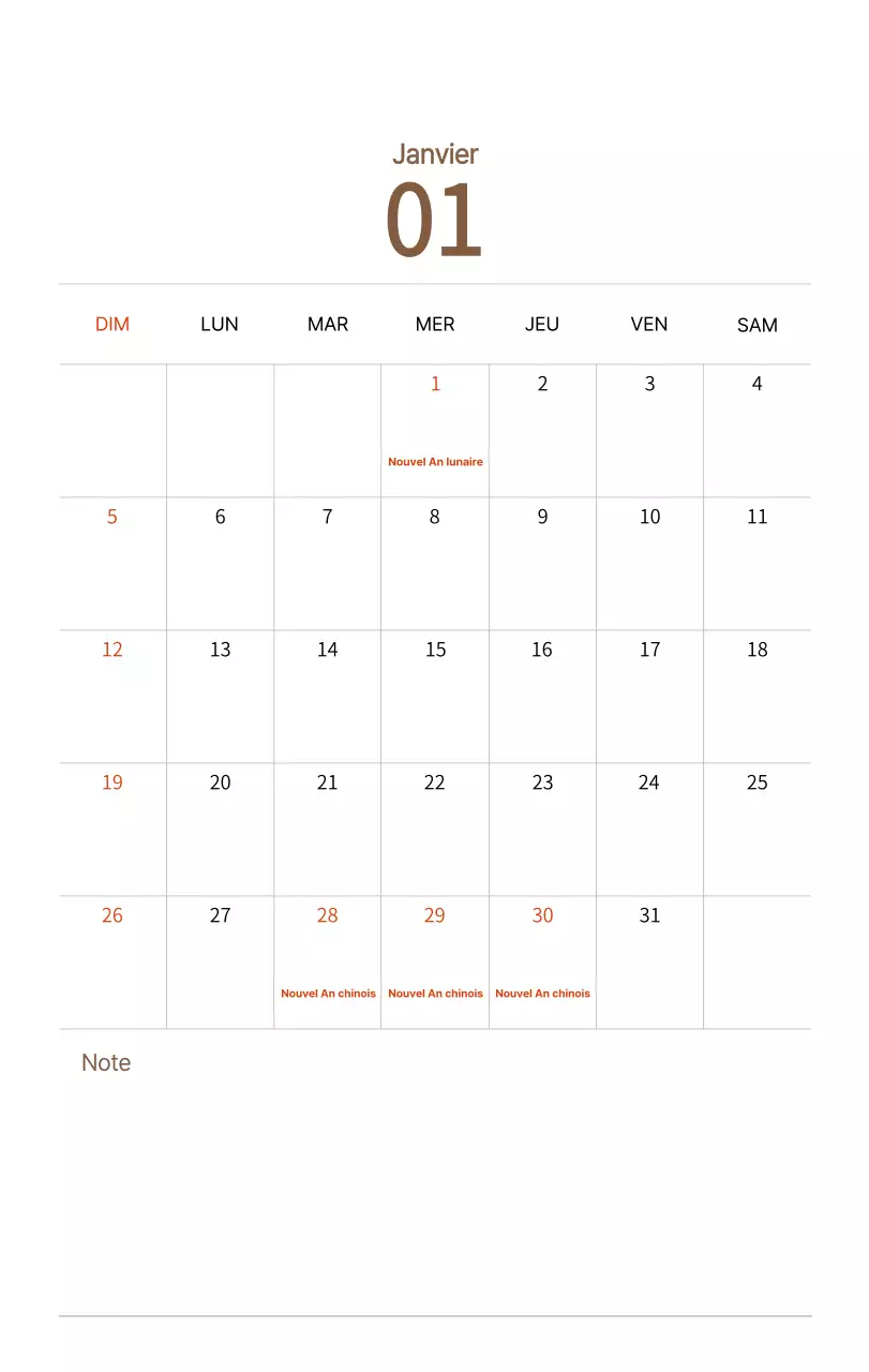 Calendrier du Nouvel An avec illustrations chaleureuses