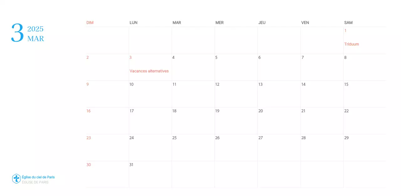 Calendrier d'église moderne bleu