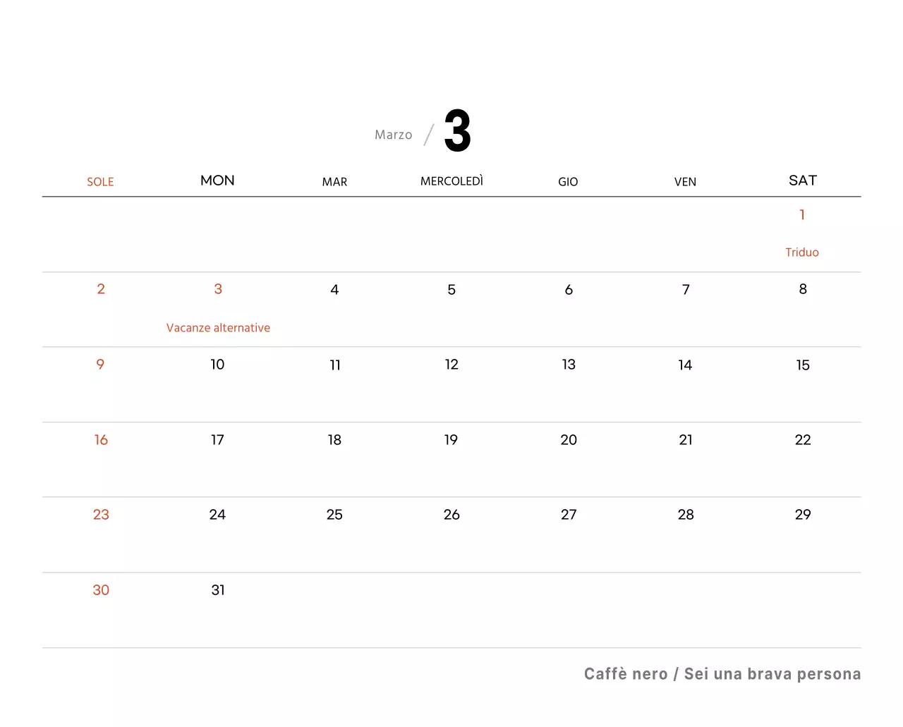 Semplice calendario da tavolo con foto di caffè per bar nei toni del bianco