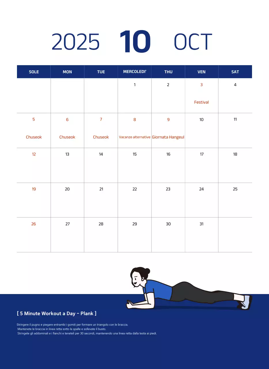 Calendario semplice con illustrazioni blu e pulite